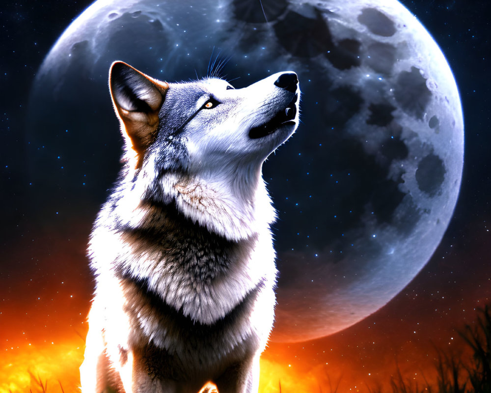 Wolf howling under glowing full moon with starry sky and subtle flame reflection