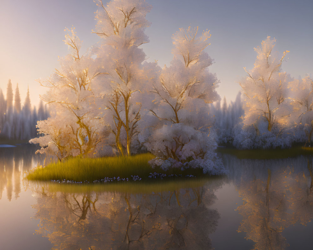 Frost-covered trees on island reflected in calm water at golden hour