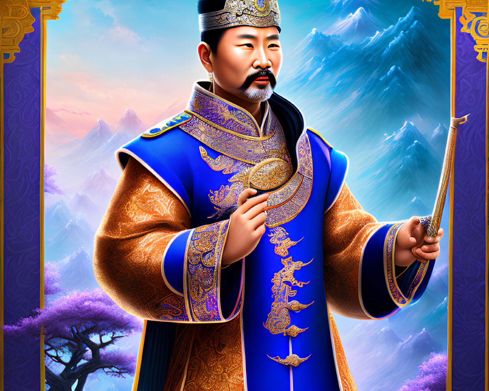 Regal bearded figure in Asian royal attire with sword, mountain backdrop