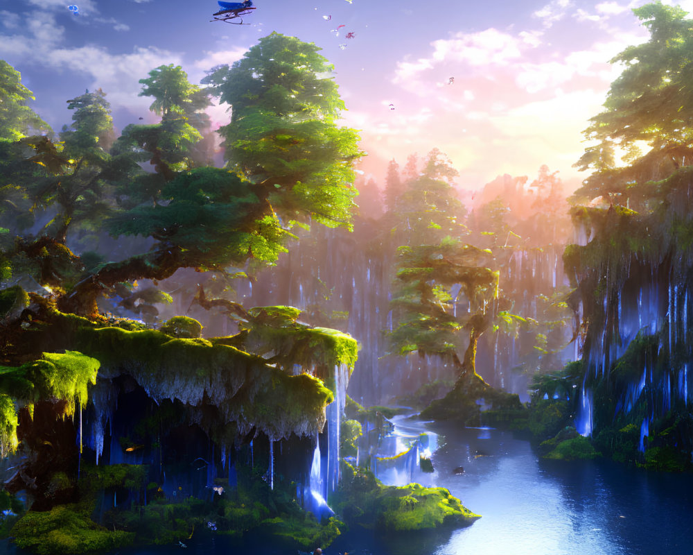 Fantastical landscape with greenery, waterfalls, river, and flying creatures