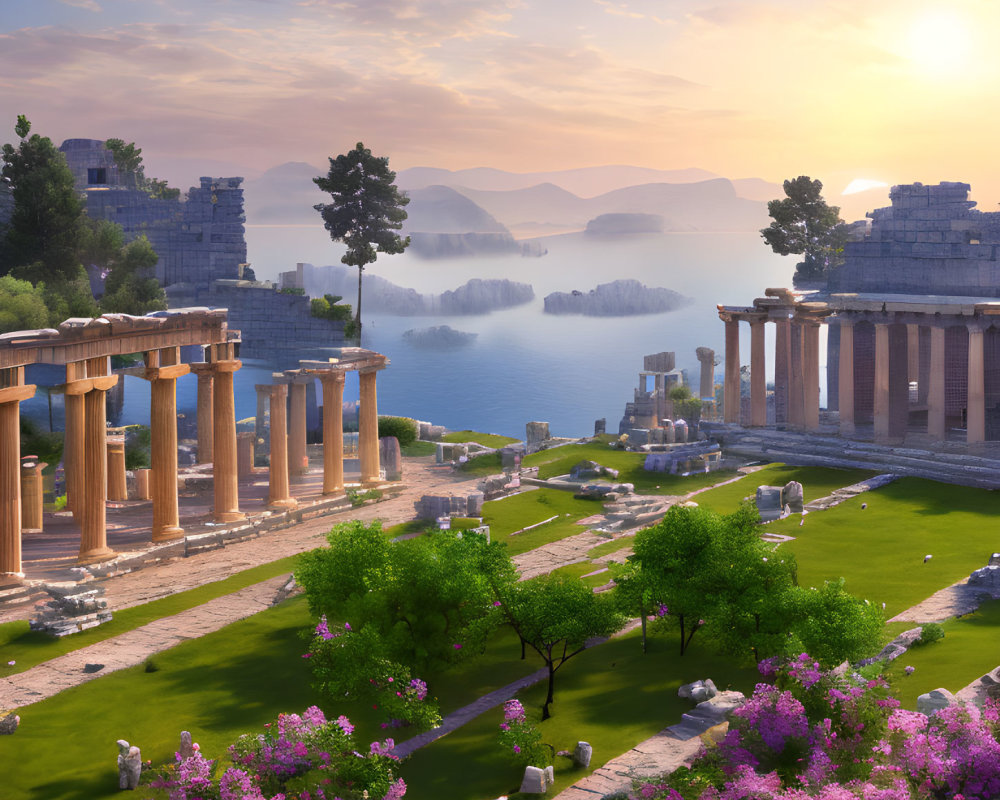 Ancient Greek ruins with pink flowers by calm sea at sunrise