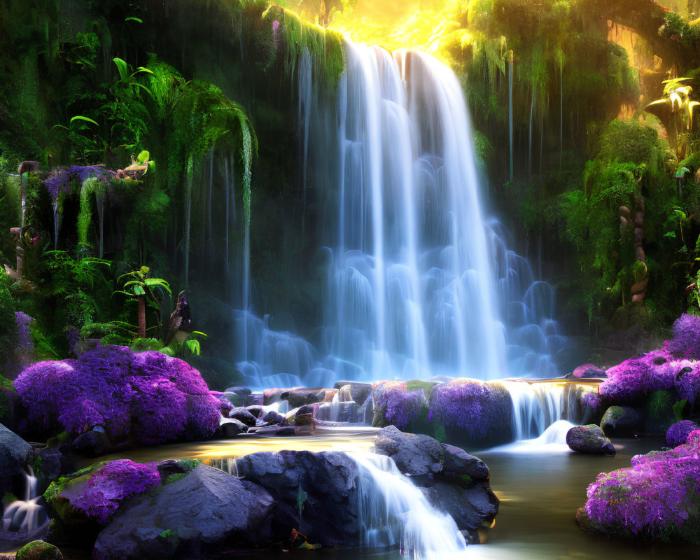 Tranquil waterfall scene with purple foliage and moss-covered rocks