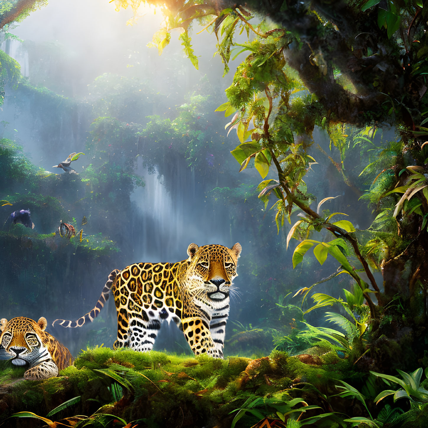 Jaguars in lush jungle with waterfall and sunlight