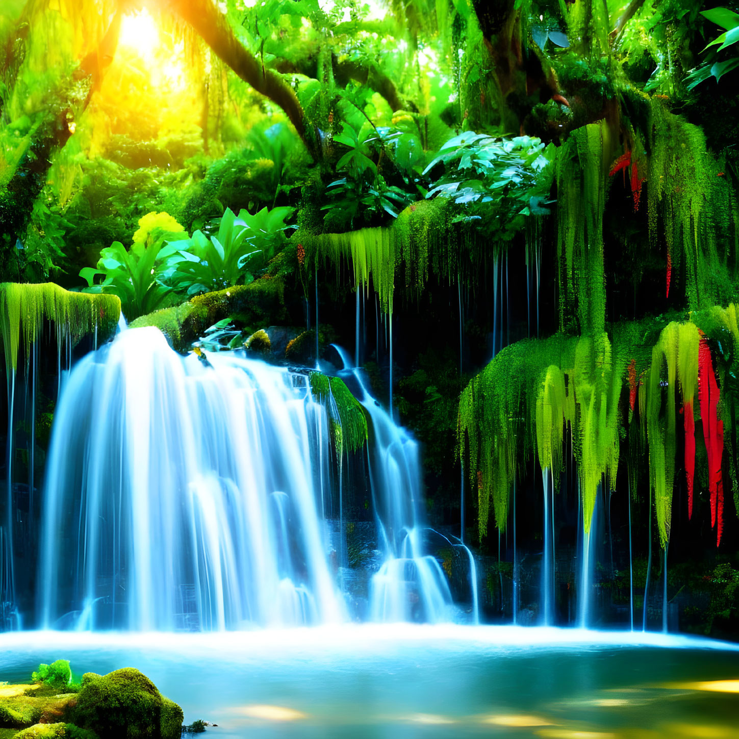 Lush Jungle Waterfall with Sunbeams and Moss-Covered Rocks