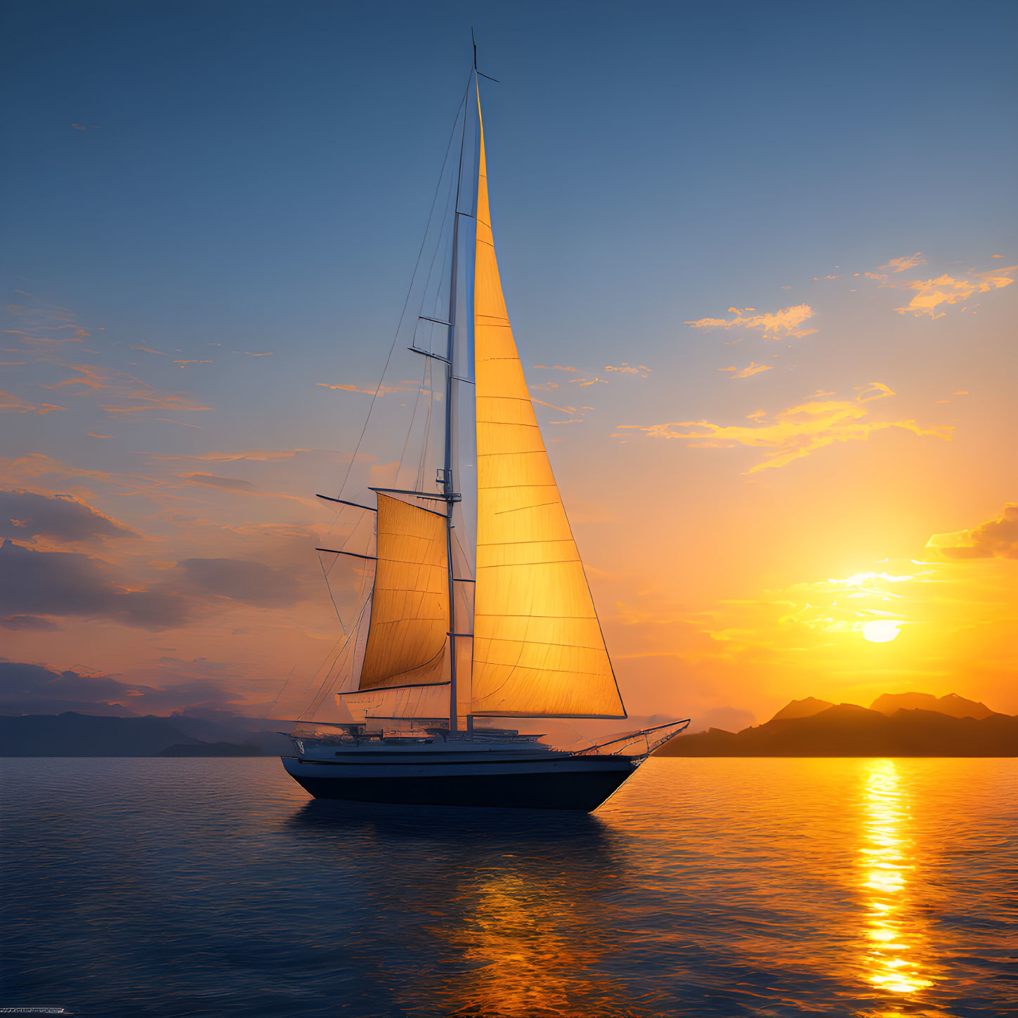 Sailboat on calm waters at sunset with golden sunlight reflecting on water.