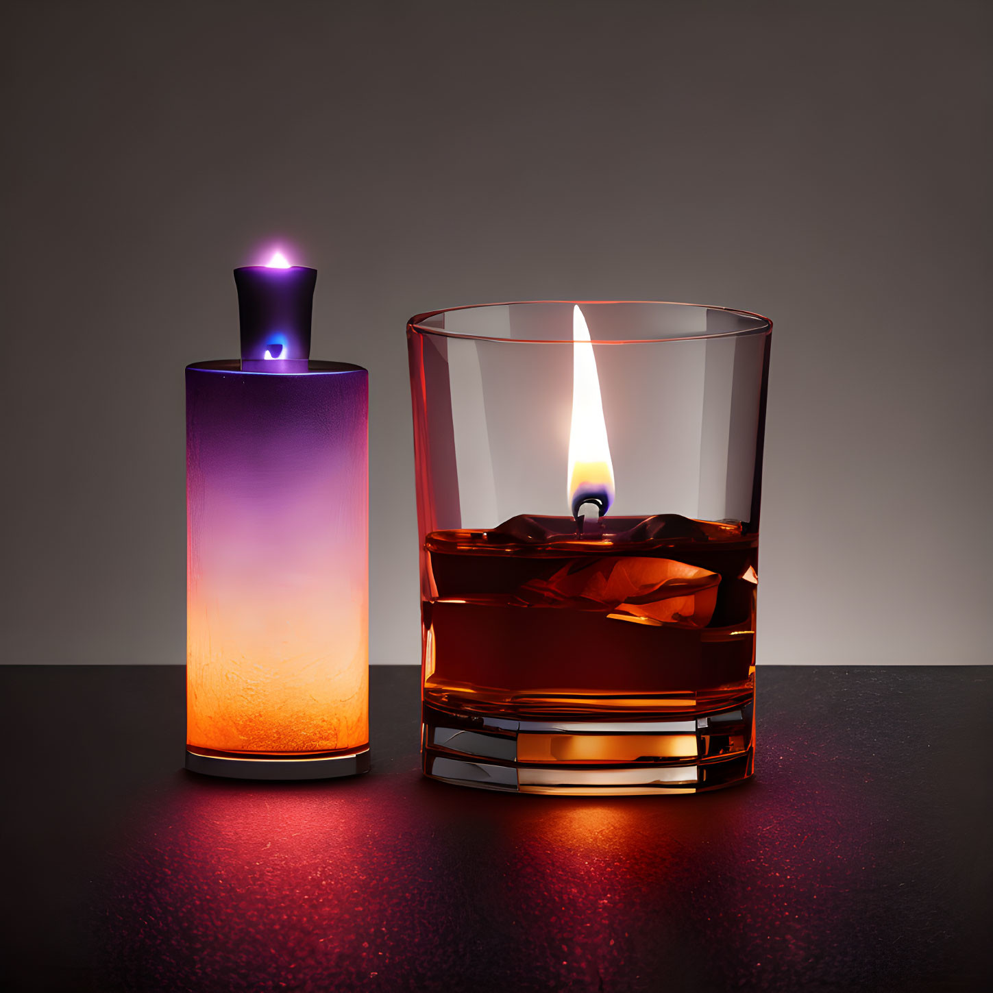 Lit candle and lighter in whiskey glass on textured surface.