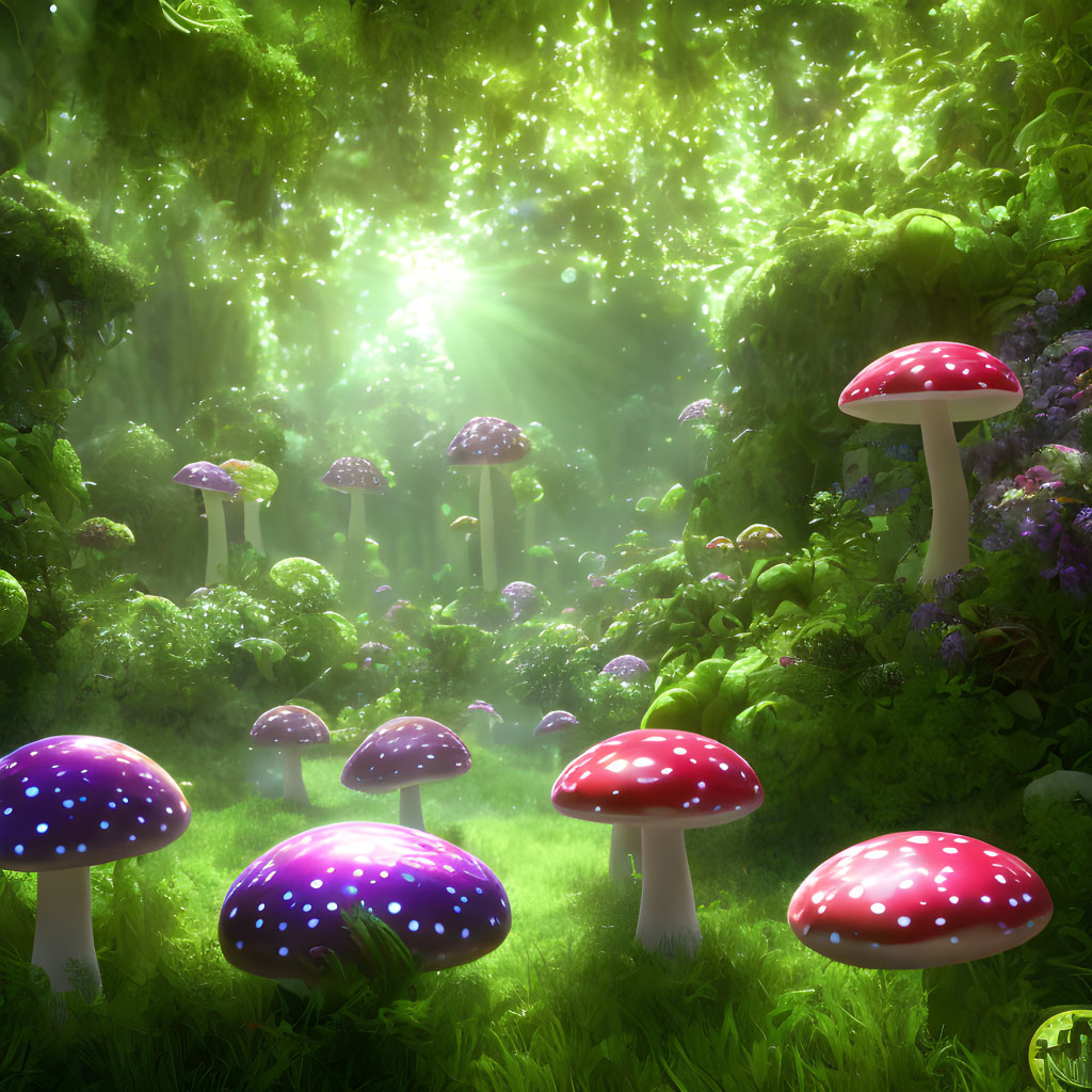 Sunlit enchanted forest glade with oversized colorful mushrooms and magical glow.