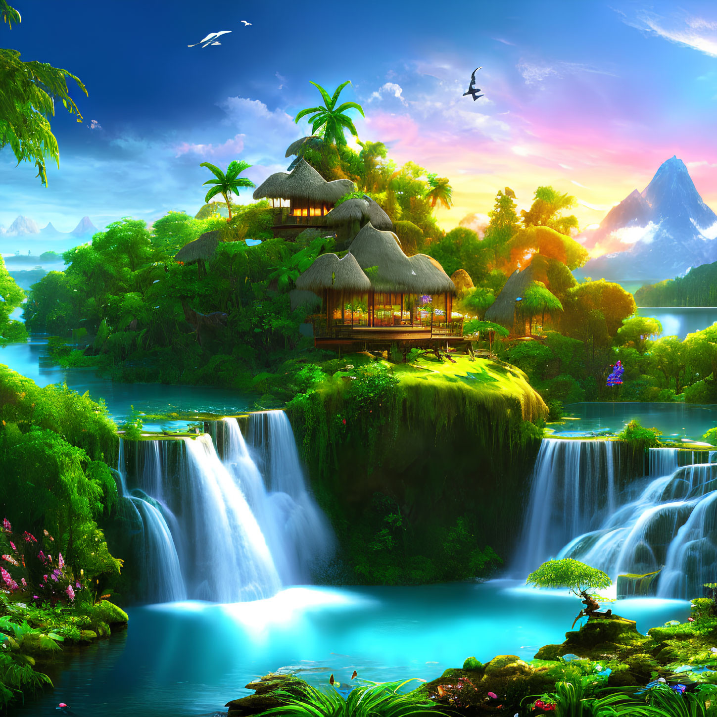 Tropical landscape with thatched huts, waterfalls, and blue lagoon