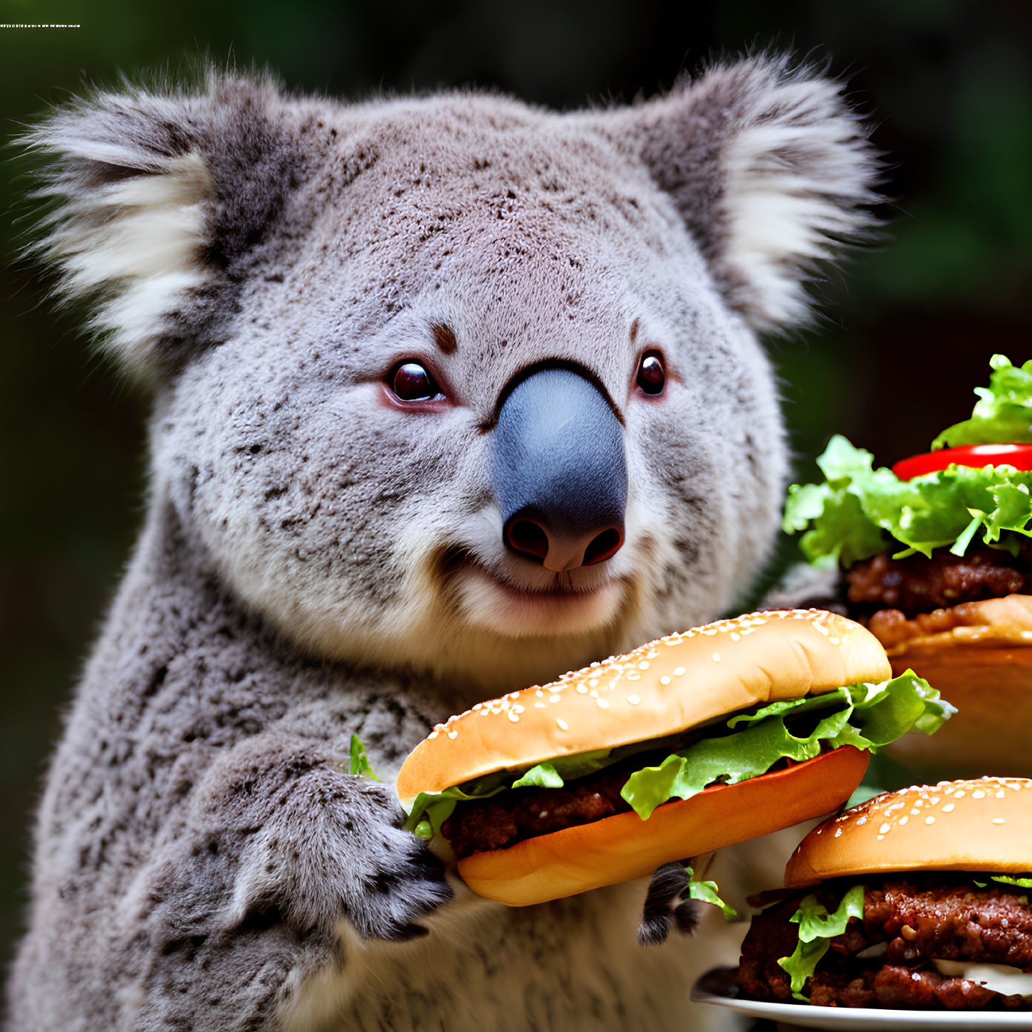 Adorable Koala Holding Two Hamburgers Outdoors