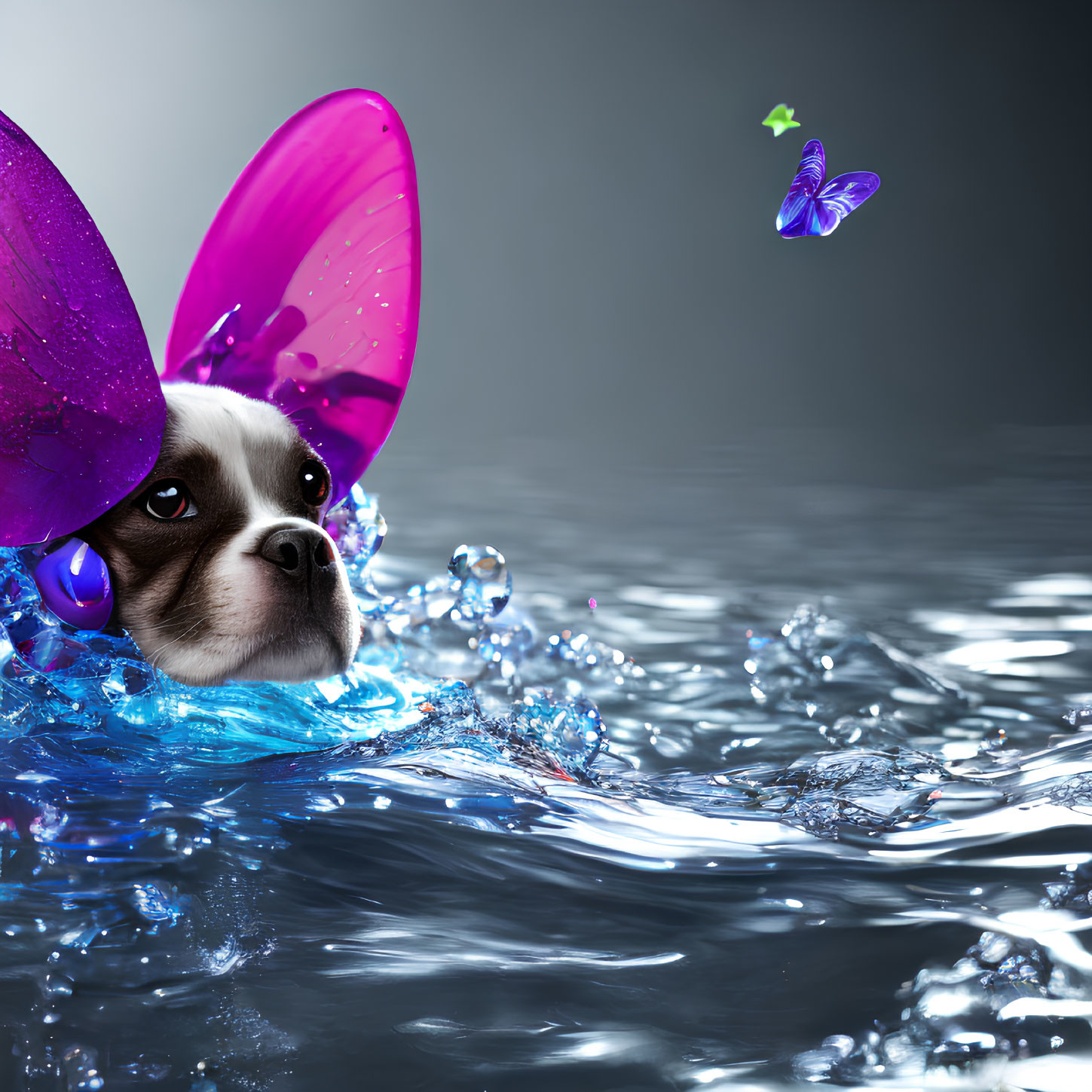 Digitally altered image of a dog in pink swim cap underwater with butterfly.