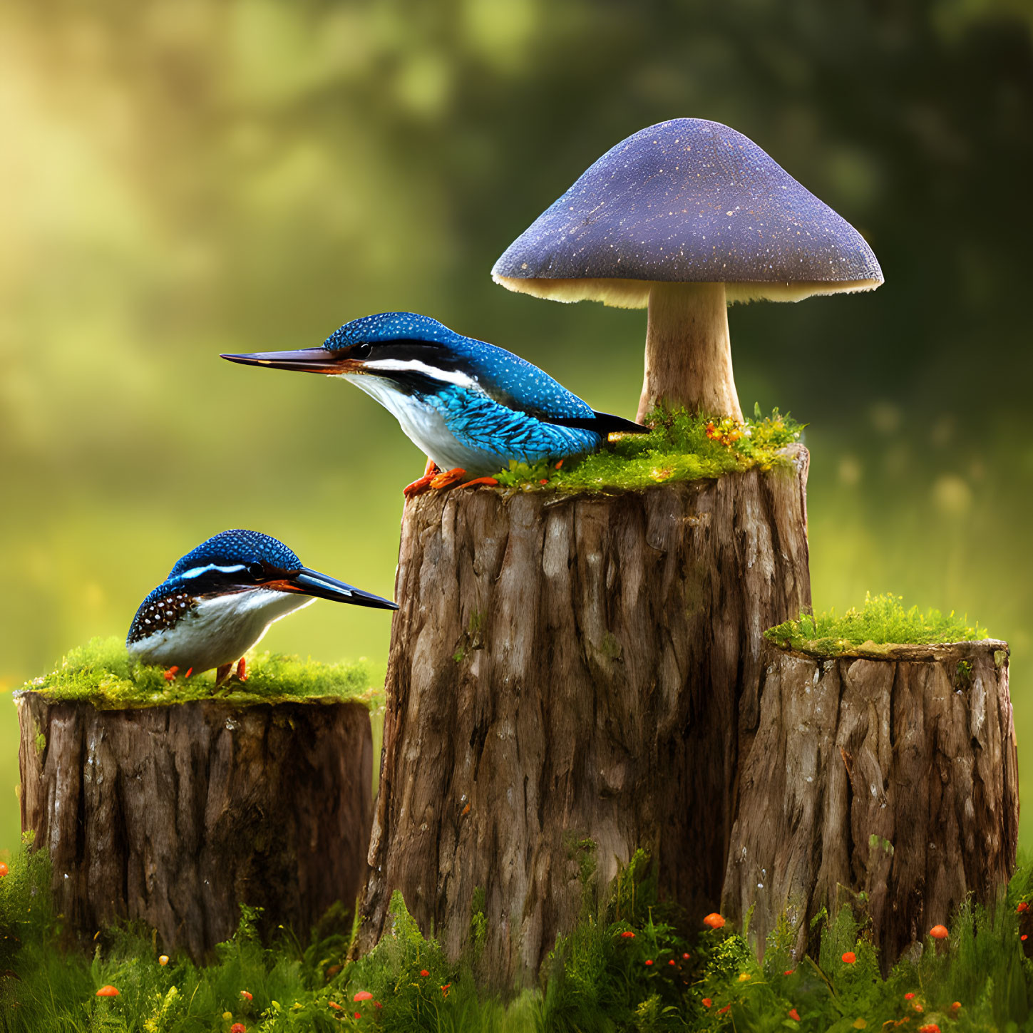 Kingfishers on tree stumps with mushroom, moss, and orange flowers