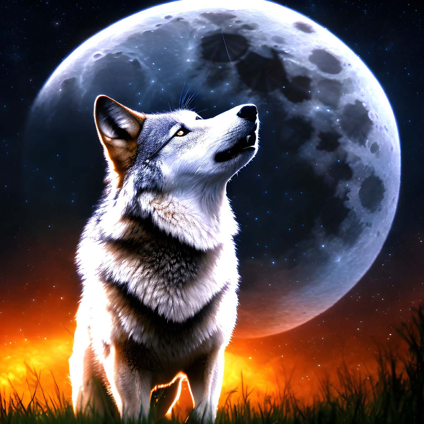 Wolf howling under glowing full moon with starry sky and subtle flame reflection