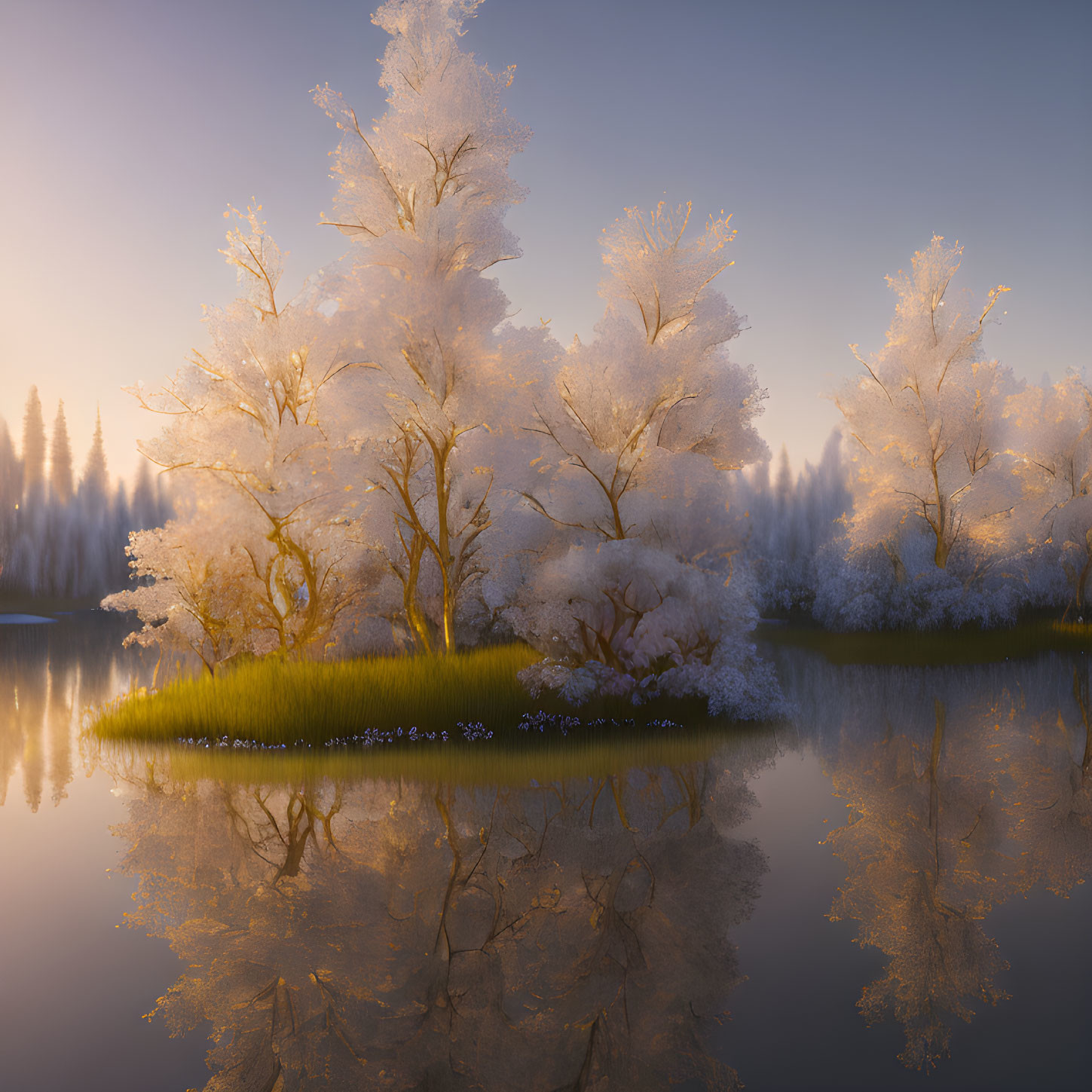 Frost-covered trees on island reflected in calm water at golden hour