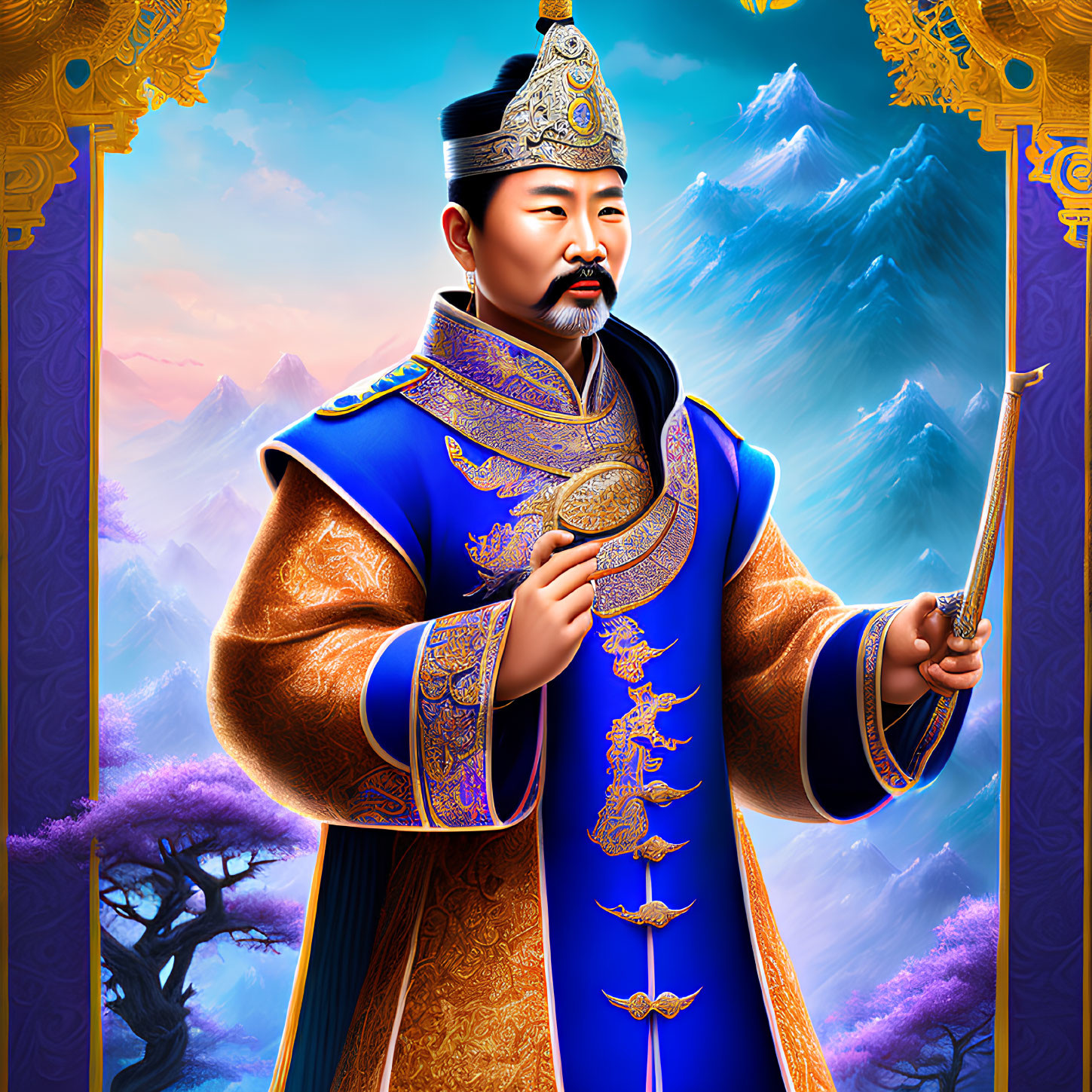 Regal bearded figure in Asian royal attire with sword, mountain backdrop