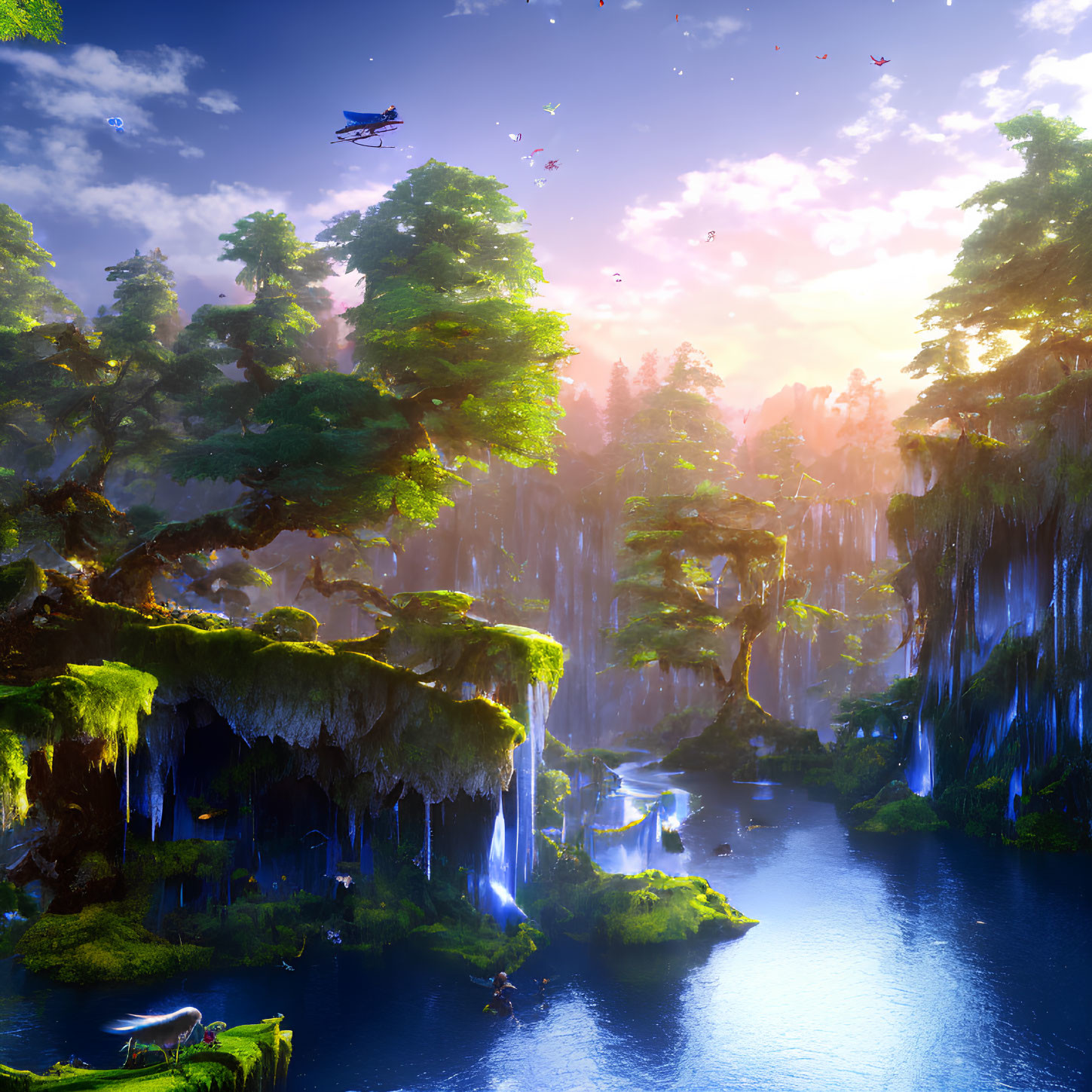 Fantastical landscape with greenery, waterfalls, river, and flying creatures