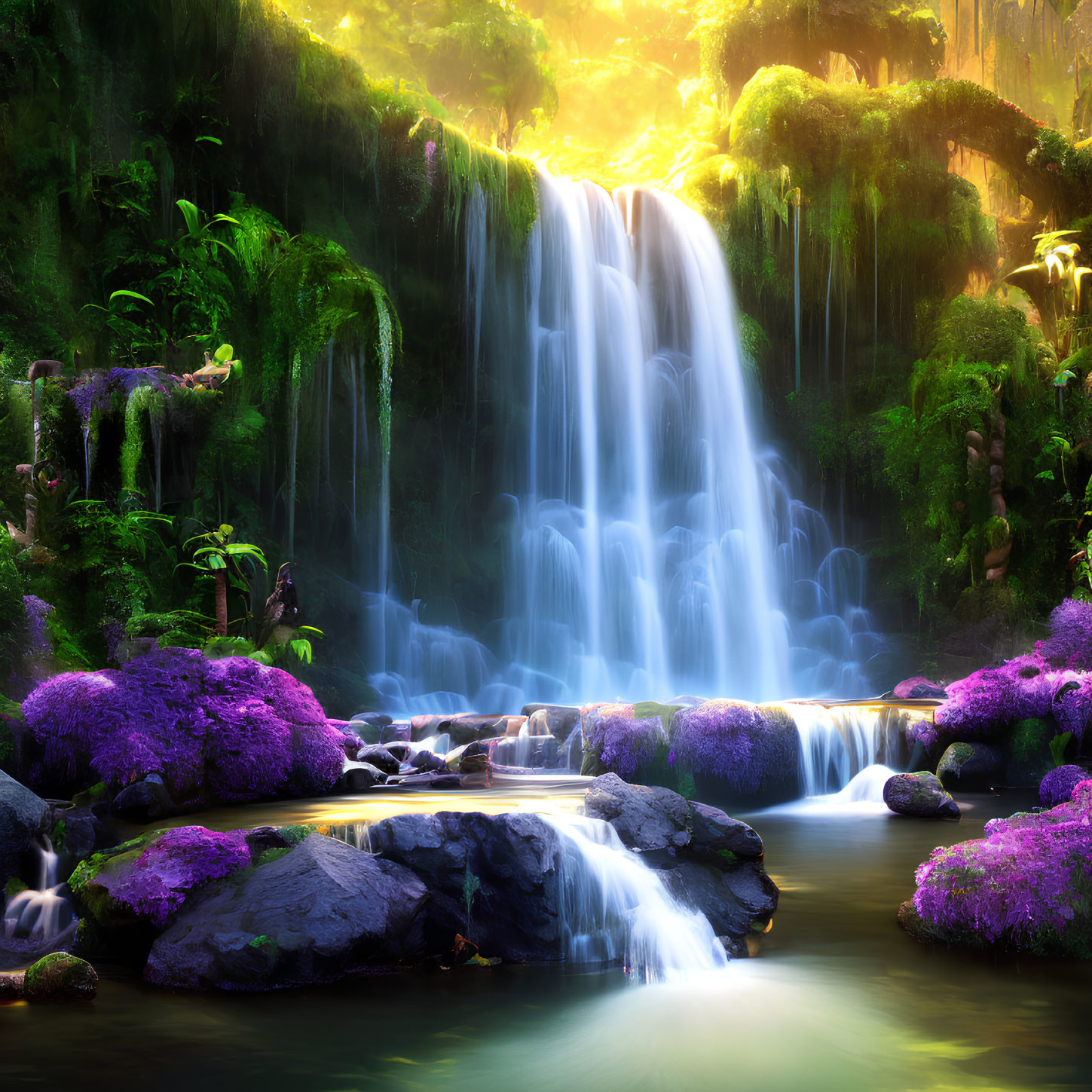 Tranquil waterfall scene with purple foliage and moss-covered rocks