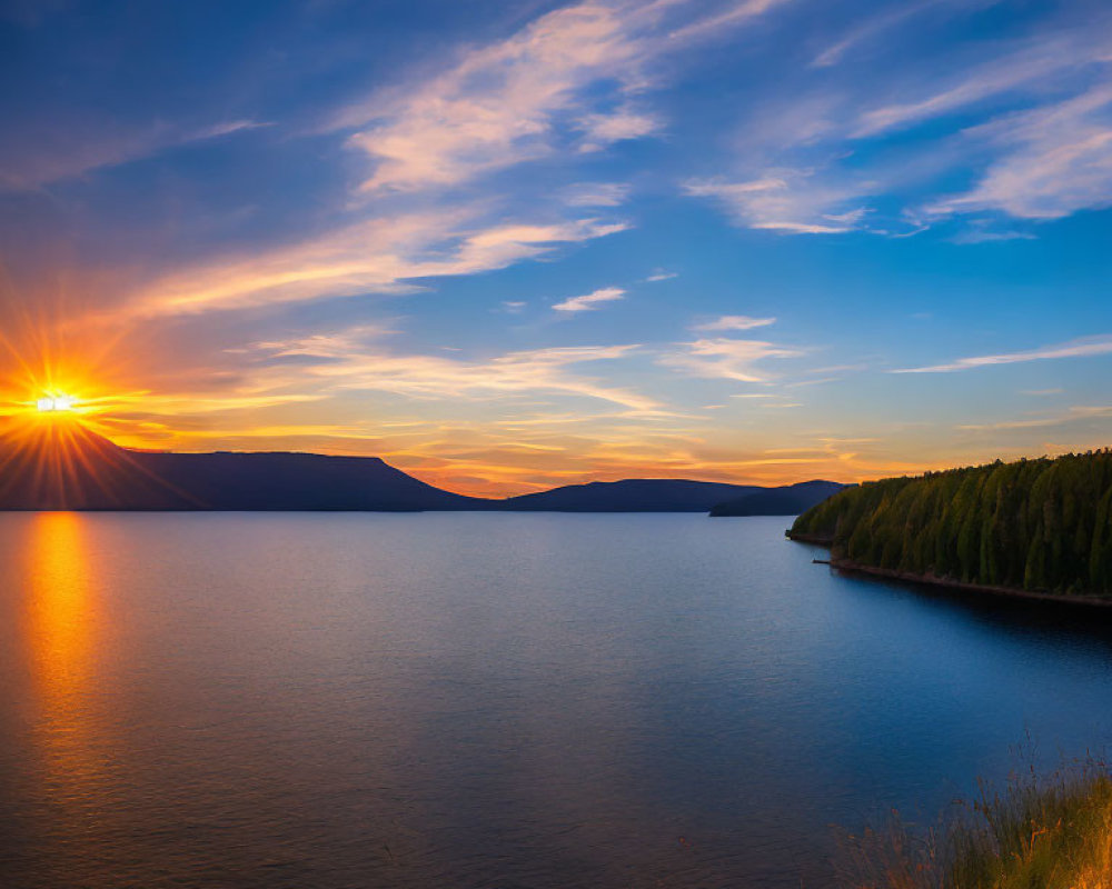 Tranquil lake sunset with sun rays, forested coastline, and gradient sky