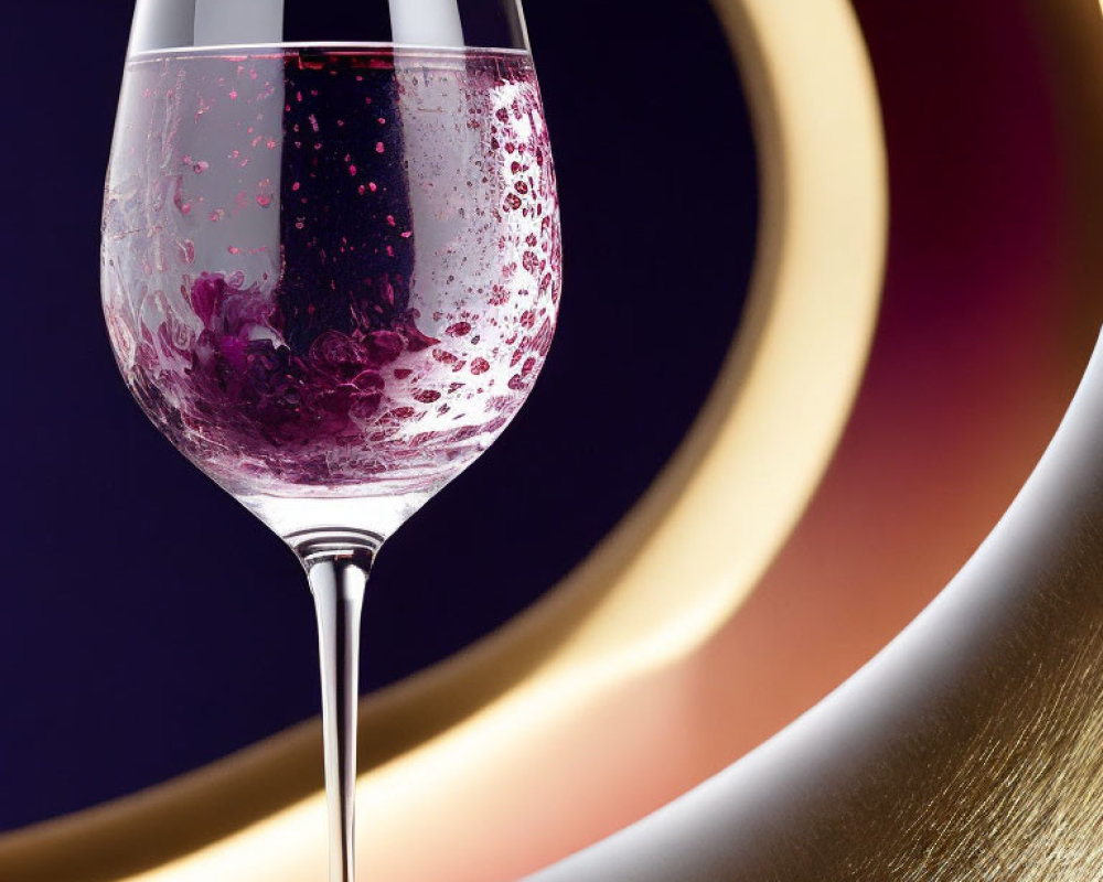 Purple liquid splashes in sparkling wine glass on gold and purple abstract background