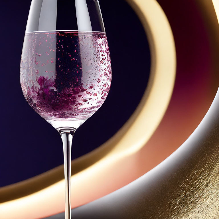 Purple liquid splashes in sparkling wine glass on gold and purple abstract background