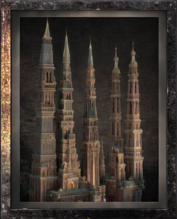 Intricate fantasy architecture with towering spires in dark ambiance