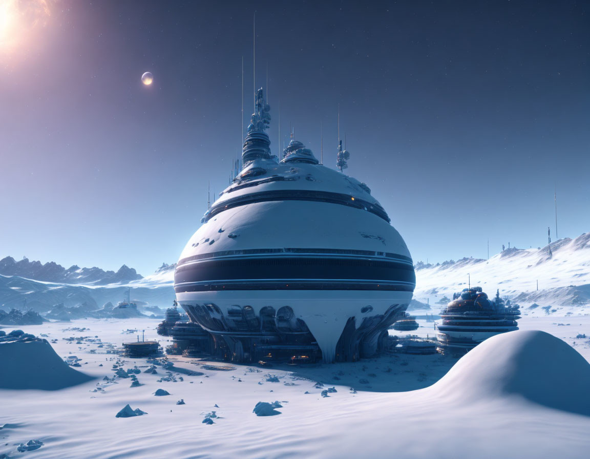 Futuristic spaceship on snowy landscape with mountains and clear sky