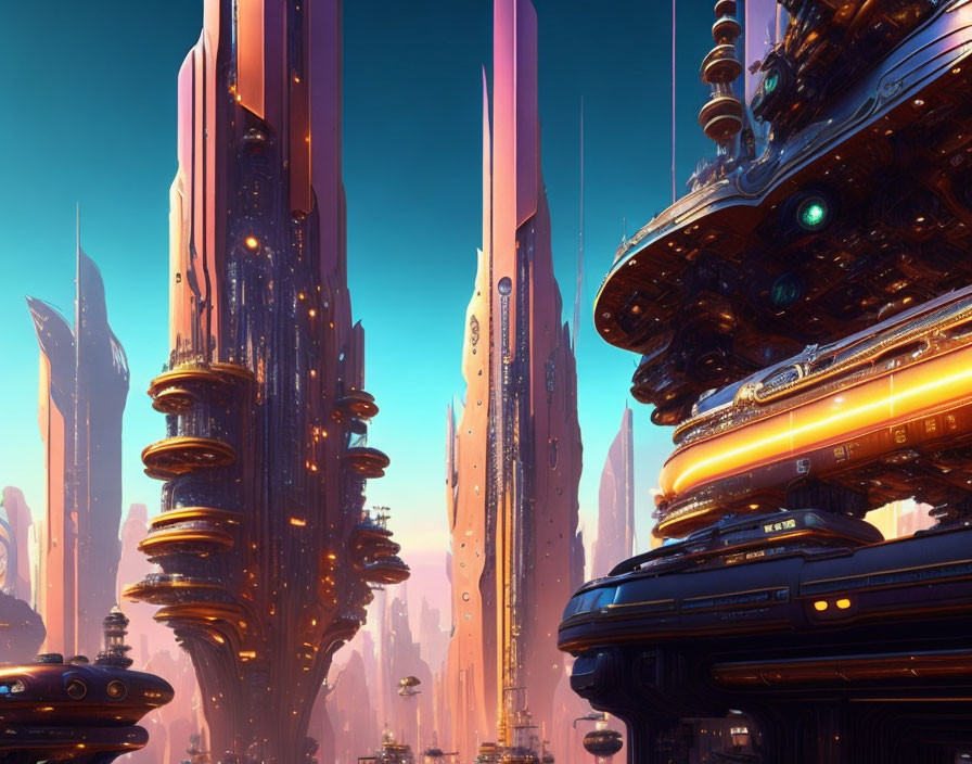 Futuristic cityscape with towering skyscrapers at dusk