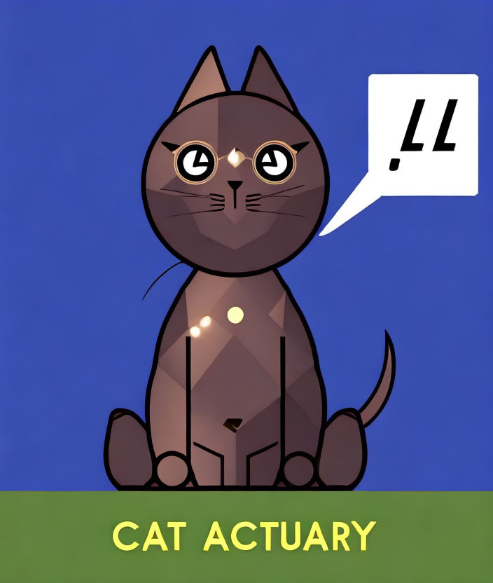 Brown cat illustration with speech bubble and "CAT ACTUARY" text on blue background