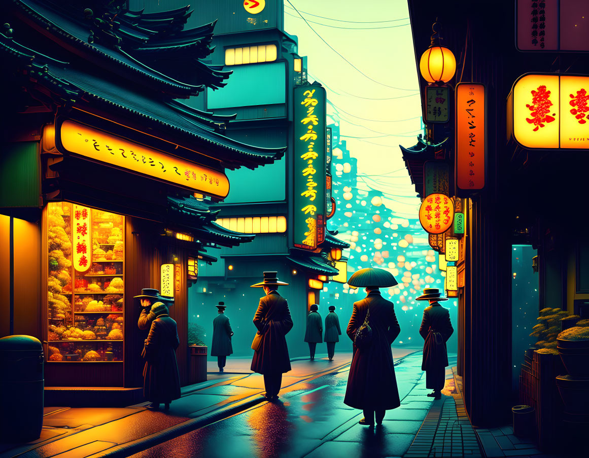 Traditional architecture and silhouetted people under illuminated lanterns on a bustling street at dusk. Vibr