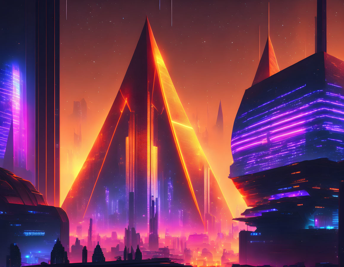 Neon-lit skyscrapers in futuristic cityscape at night