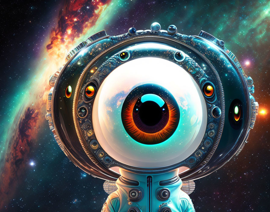 Detailed futuristic robot with large eye in cosmic setting