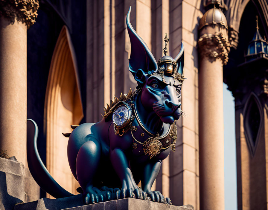 Dark Blue Sphinx Statue with Golden Embellishments and Ornate Crown Among Classical Columns