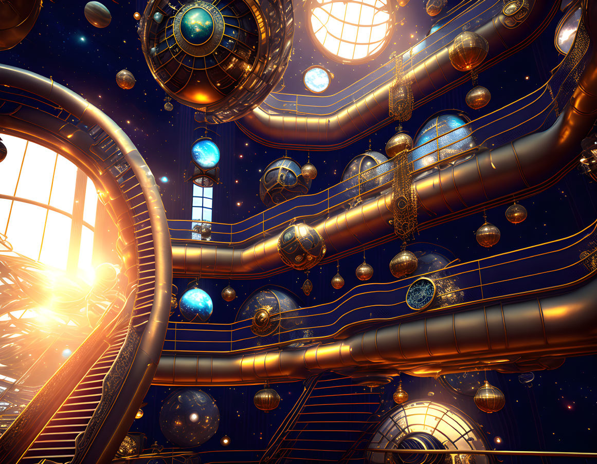 Celestial interior with ornate staircases and cosmic sunset.