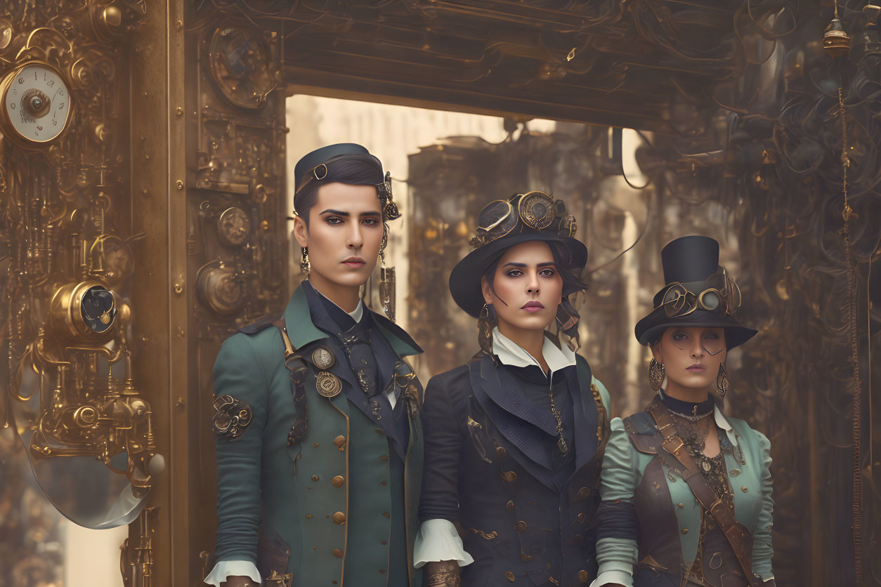 Three individuals in steampunk attire with top hats and goggles posing before ornate brass background