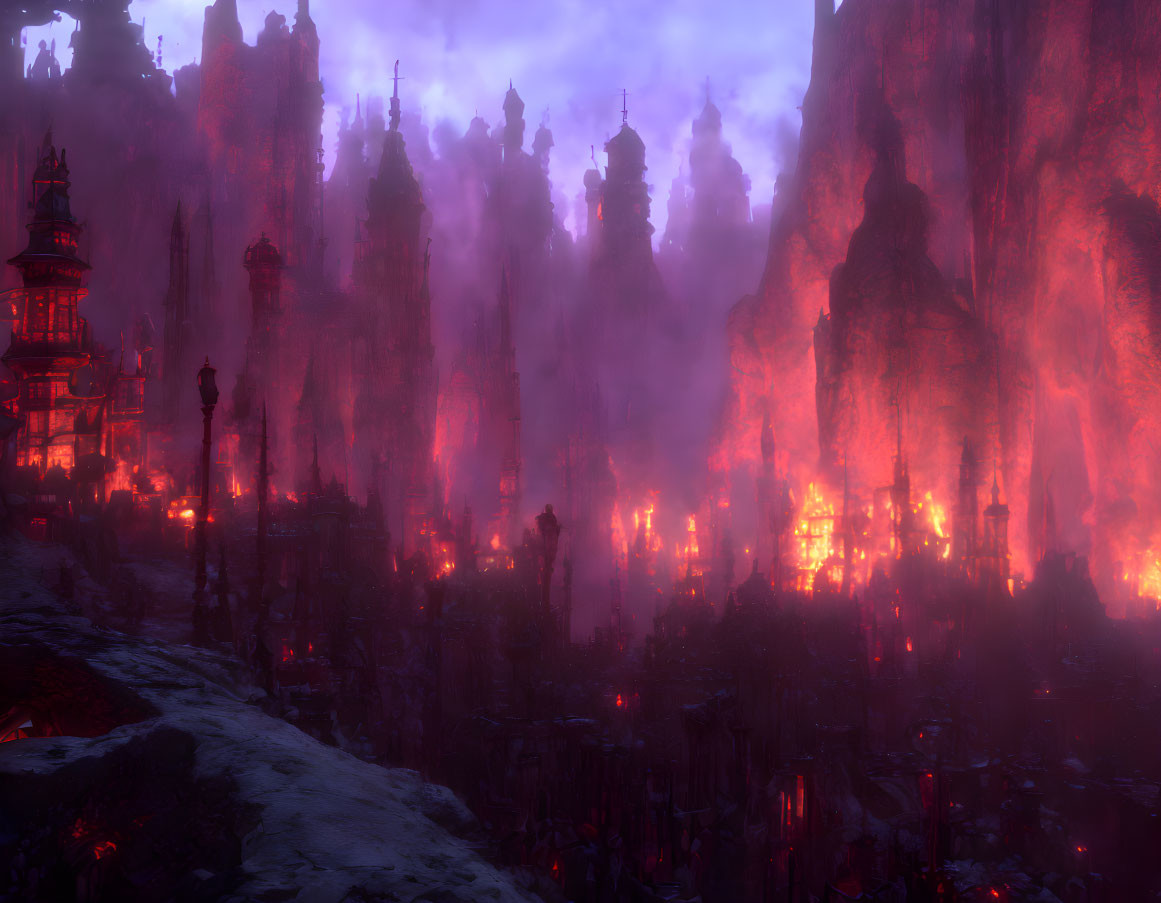 Fantastical fiery landscape with dark spires and glowing lava flows