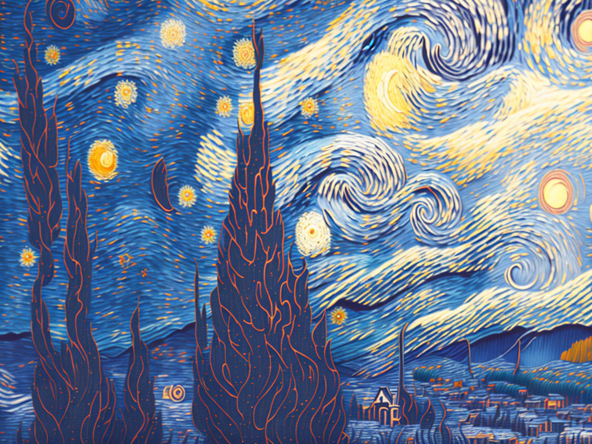 Starry Night Sky Painting with Crescent Moon and Townscape