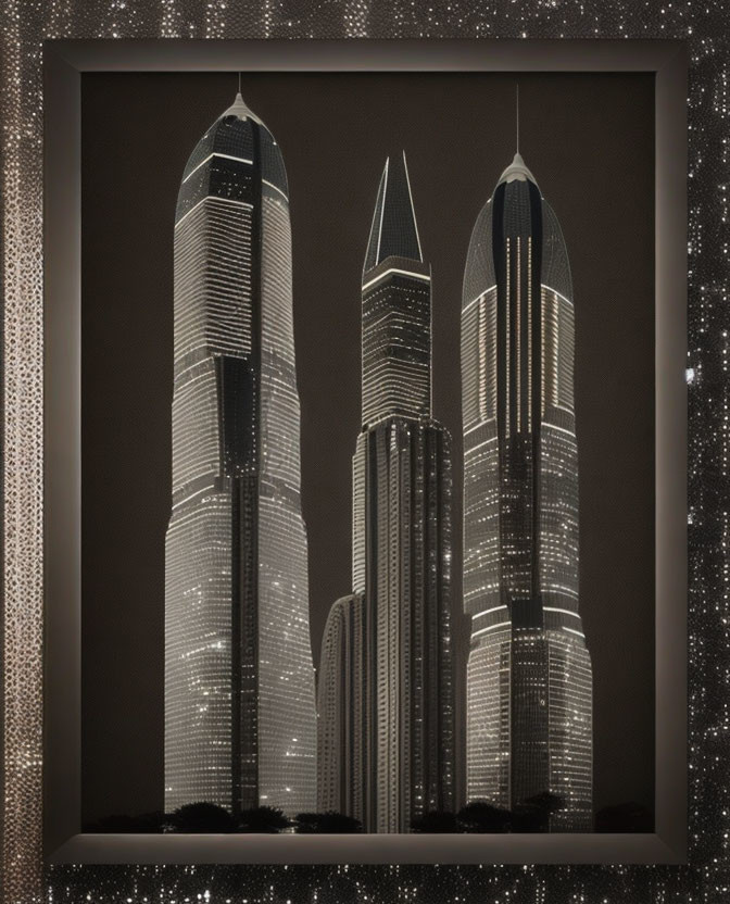 Framed artwork: Illuminated skyscrapers in serene nocturnal cityscape