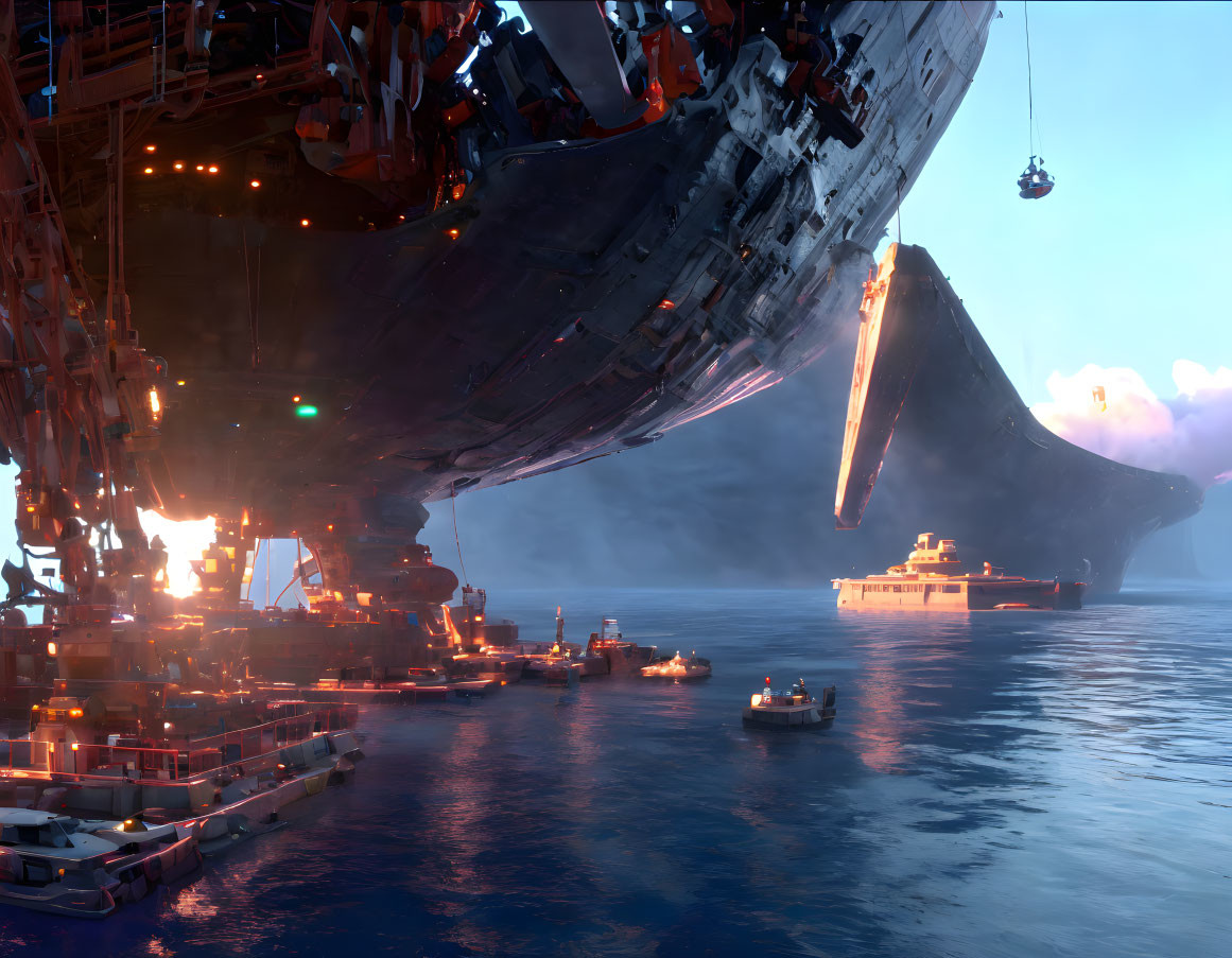 Gigantic futuristic ship over ocean with boats at dusk