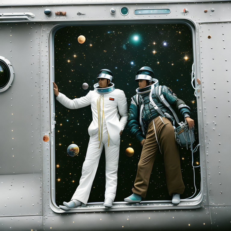 Astronauts observing cosmos through spacecraft window