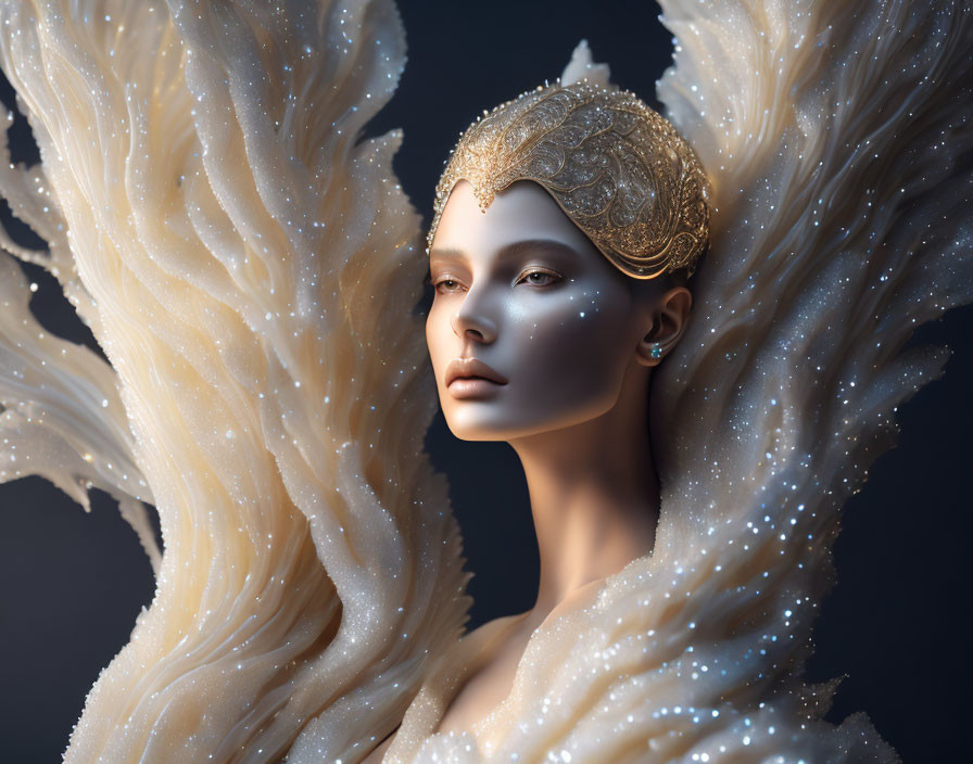 Digital artwork of woman with ornate golden headwear & feathery white collar with sparkling star-like