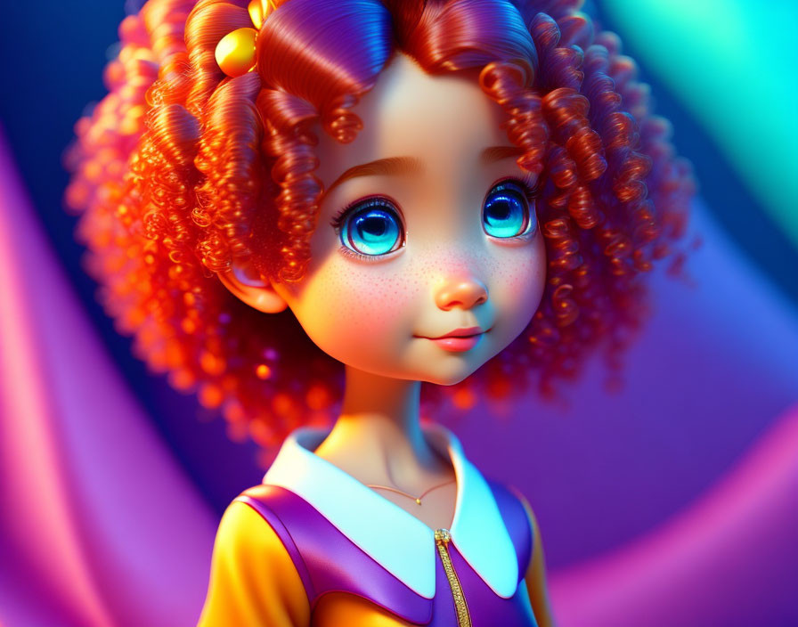 Young girl with red curly hair in purple outfit on multicolored background