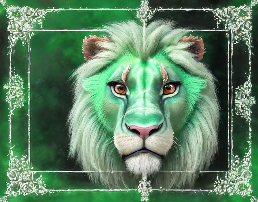 Majestic lion with green fur and eyes in silver frame on dark green background