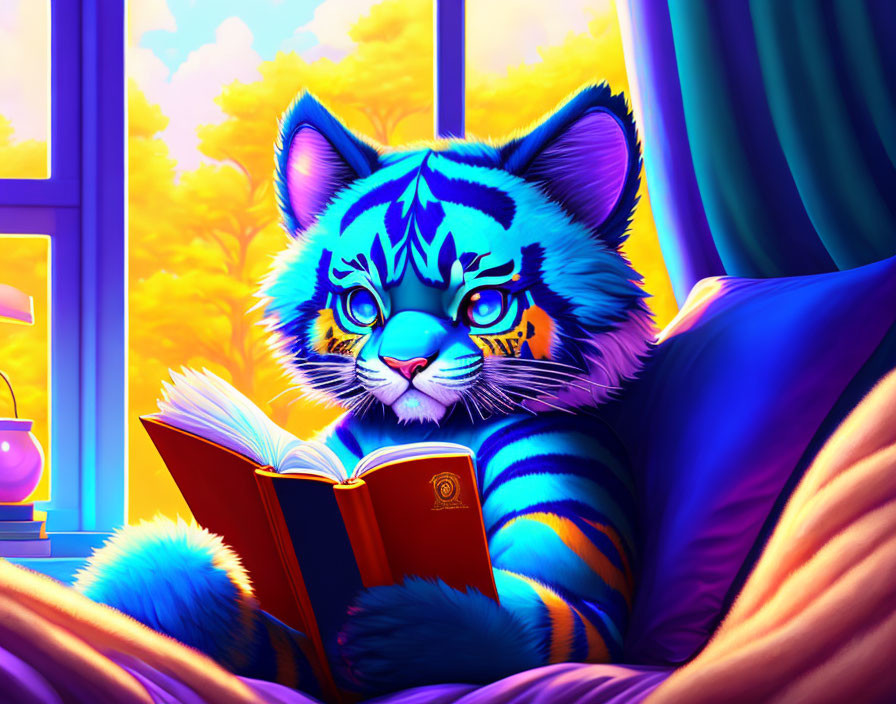 Anthropomorphic blue tiger reading book by window with autumn view