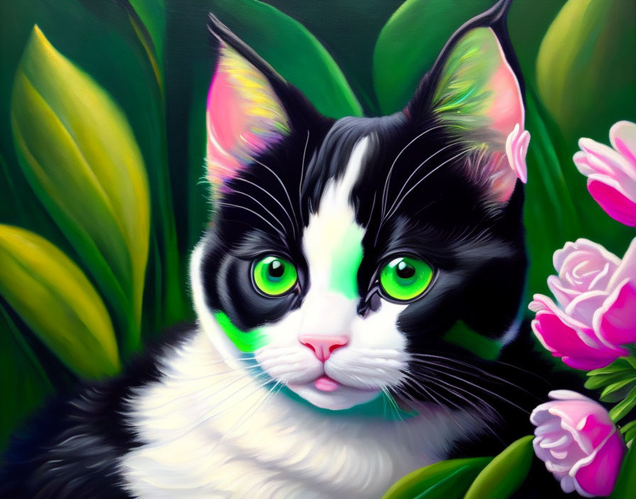 Digital painting of black and white cat with green eyes among green leaves and pink flowers