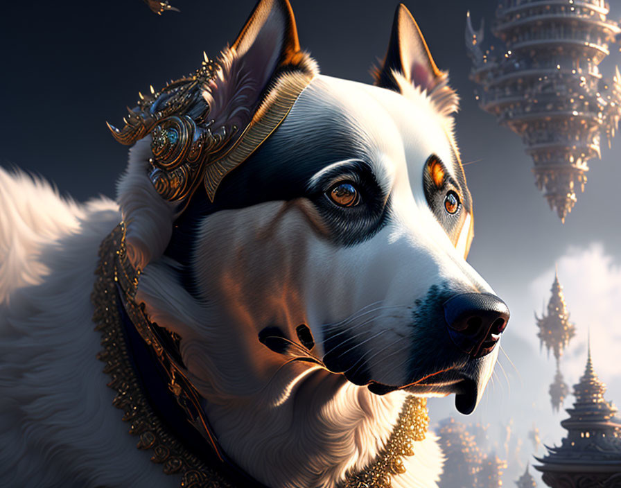 Regal Dog with Golden Headgear and Mystical Towers Background