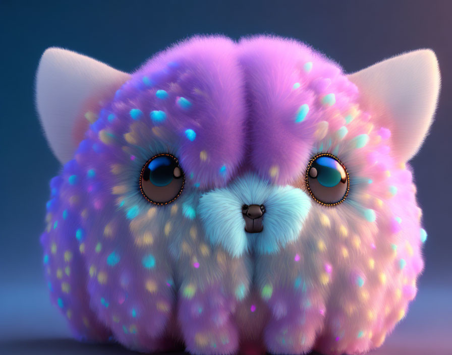 Fluffy creature with expressive eyes on blue gradient background