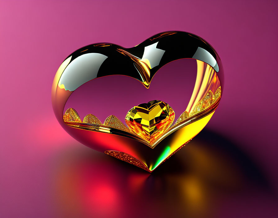 Golden Heart with Crystal Centerpiece on Pink-Purple Gradient Background