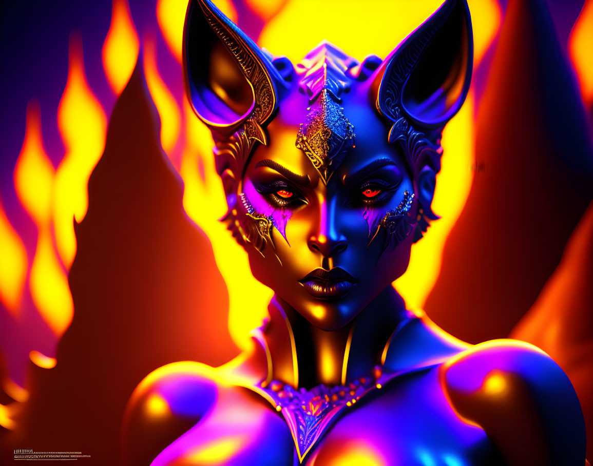 Colorful artwork of female figure with cat-like features and blue skin surrounded by fiery orange flames