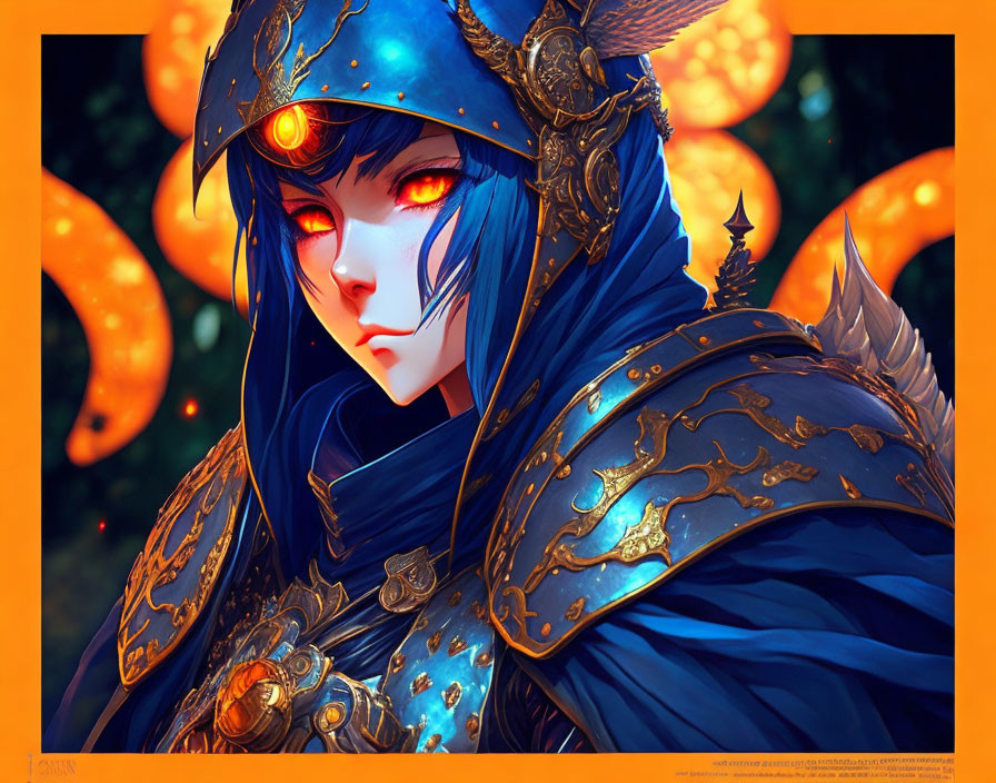 Character with Blue Hair and Red Eyes in Intricate Blue and Gold Armor on Orange Background