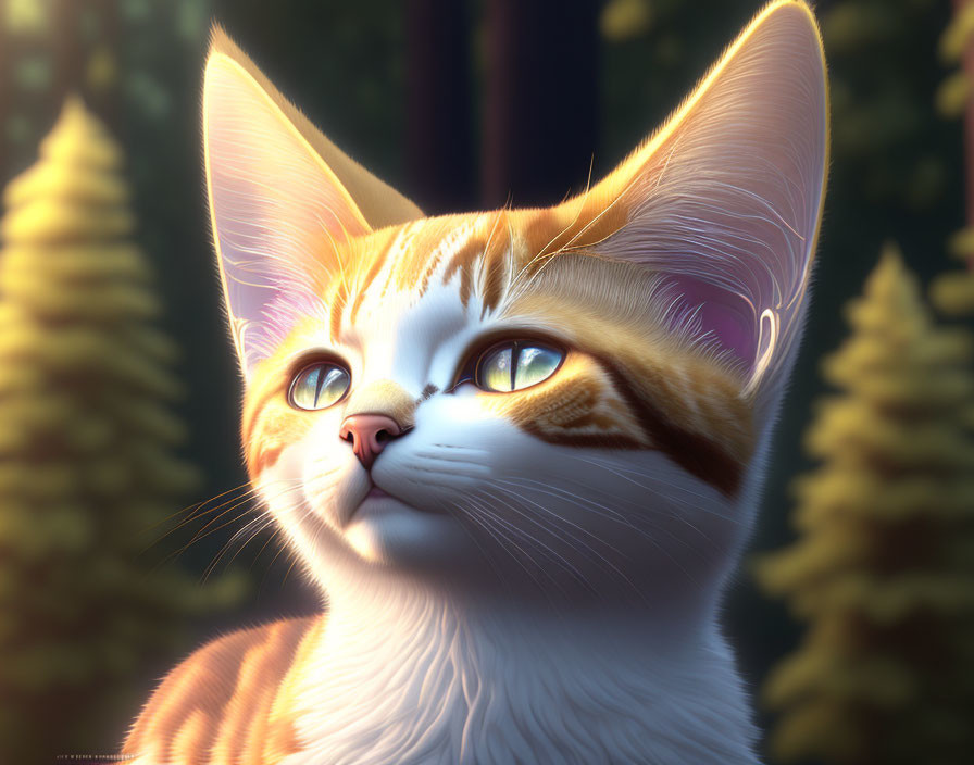 Orange Tabby Cat with Large Expressive Eyes in Sunlit Forest