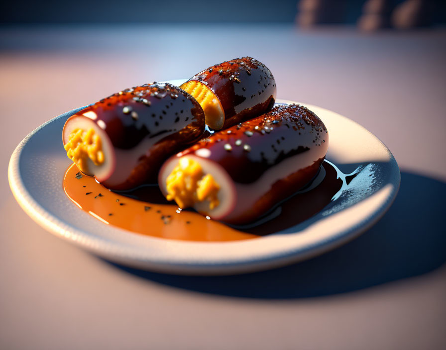 Chocolate-coated eclairs with cream filling and caramel drizzle on a plate